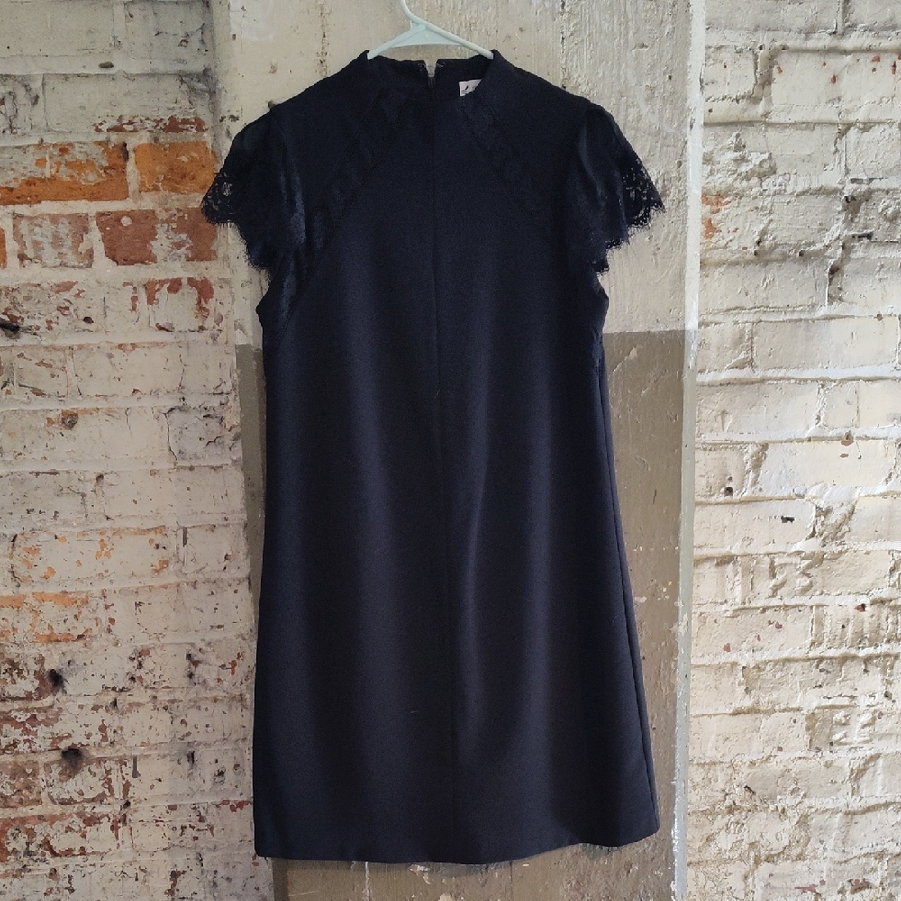 Nanette Lepore Black Sheath Mini Dress Mock Neck Flutter Sleeves